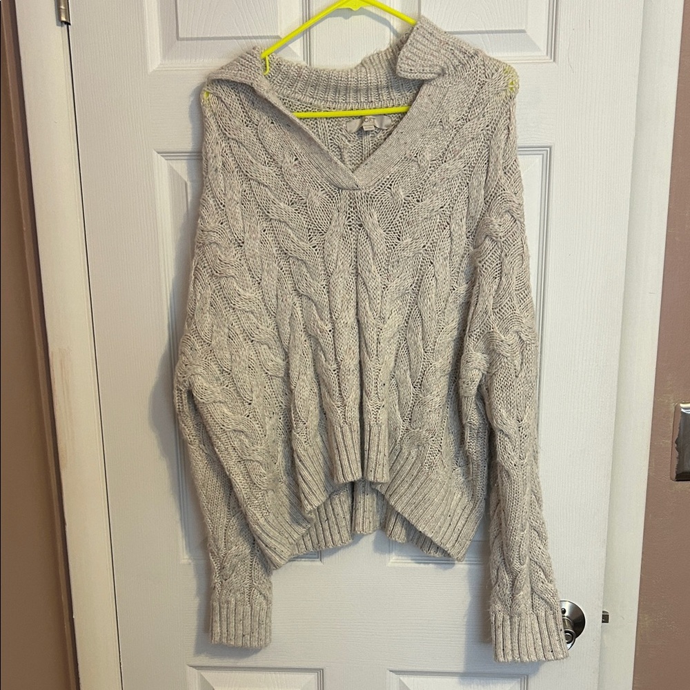LOFT Light Gray V-Neck Cable Knit Sweater
